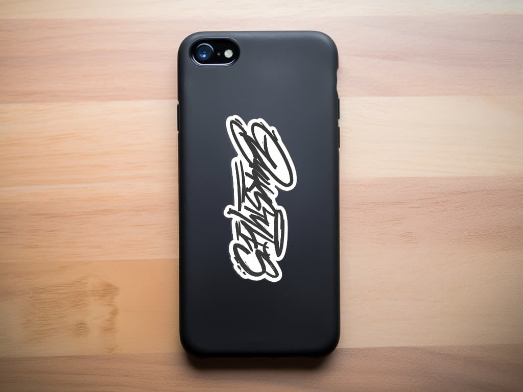 Bulk Styles graffiti logo sticker applied to a black phone case