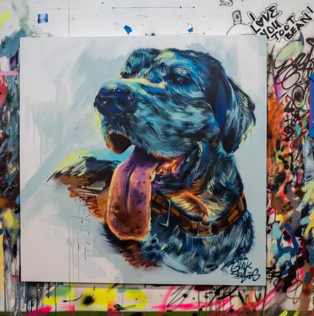 Hand painted canvas artwork by Mark Francis of Bulk Styles featuring a colorful dog portrait