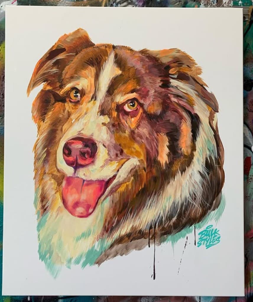 hand painted dog portrait artwork by mural artist Mark Francis Bulk Styles